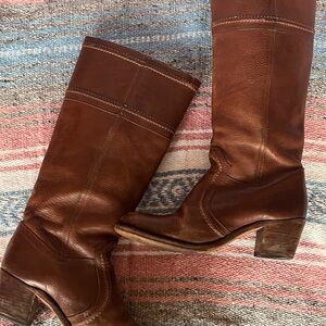 Frye Cognac Brown Leather Heeled Boots 14" Shaft